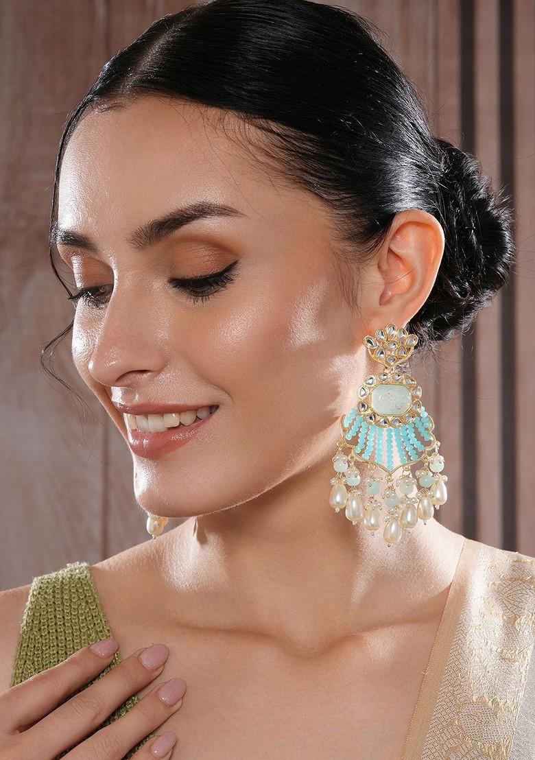 Gold Plated Kundan Studded And Beaded Contemporary Chandbalis