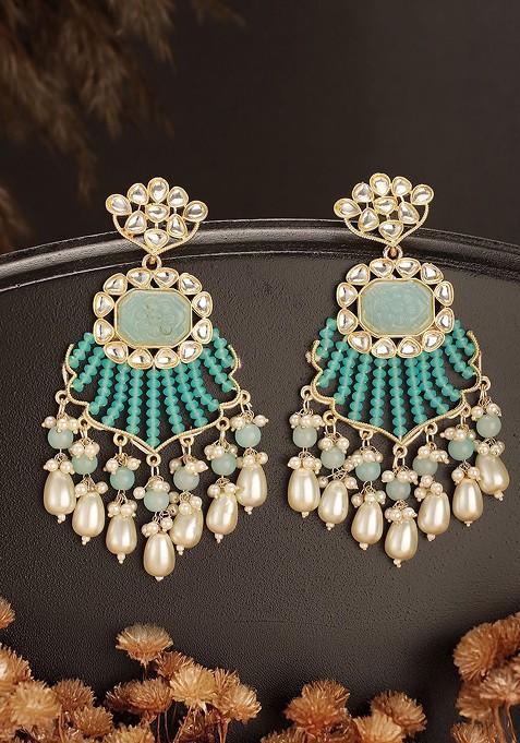 Gold Plated Kundan Studded And Beaded Contemporary Chandbalis