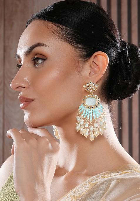 Gold Plated Kundan Studded And Beaded Contemporary Chandbalis