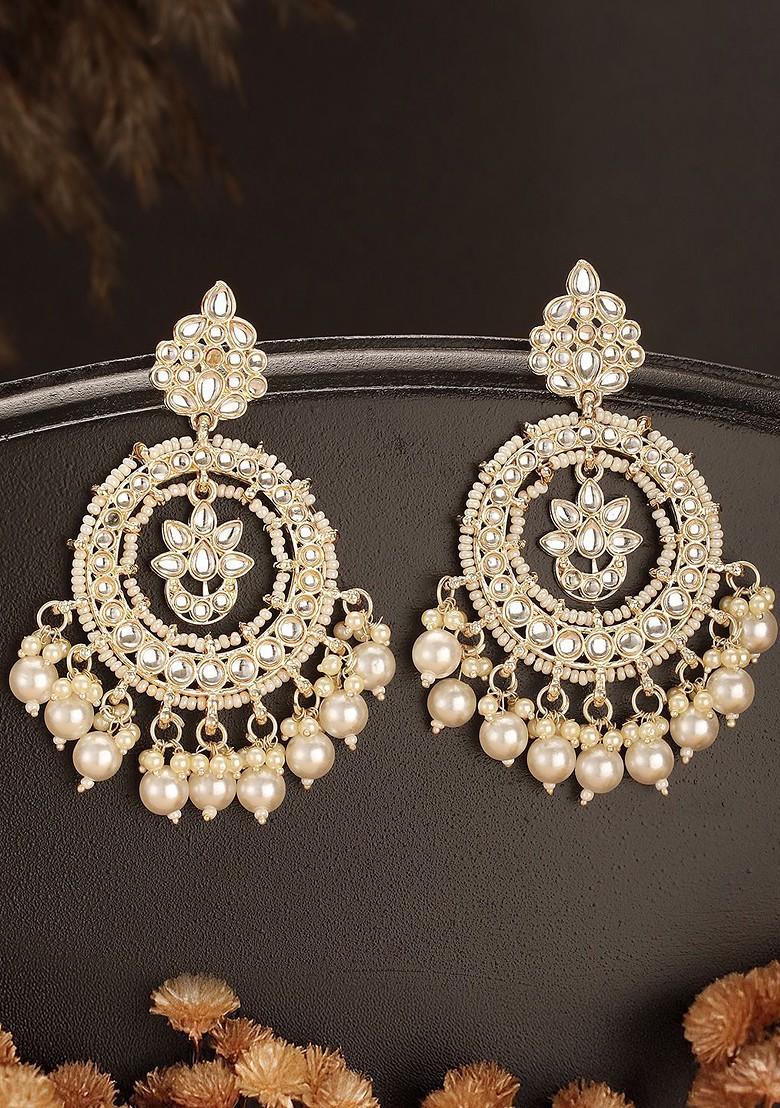Gold Plated Kundan Studded And Beaded Contemporary Chandbalis