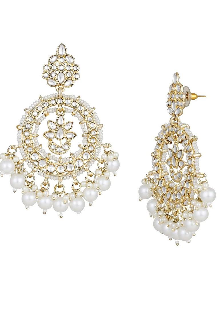 Gold Plated Kundan Studded And Beaded Contemporary Chandbalis