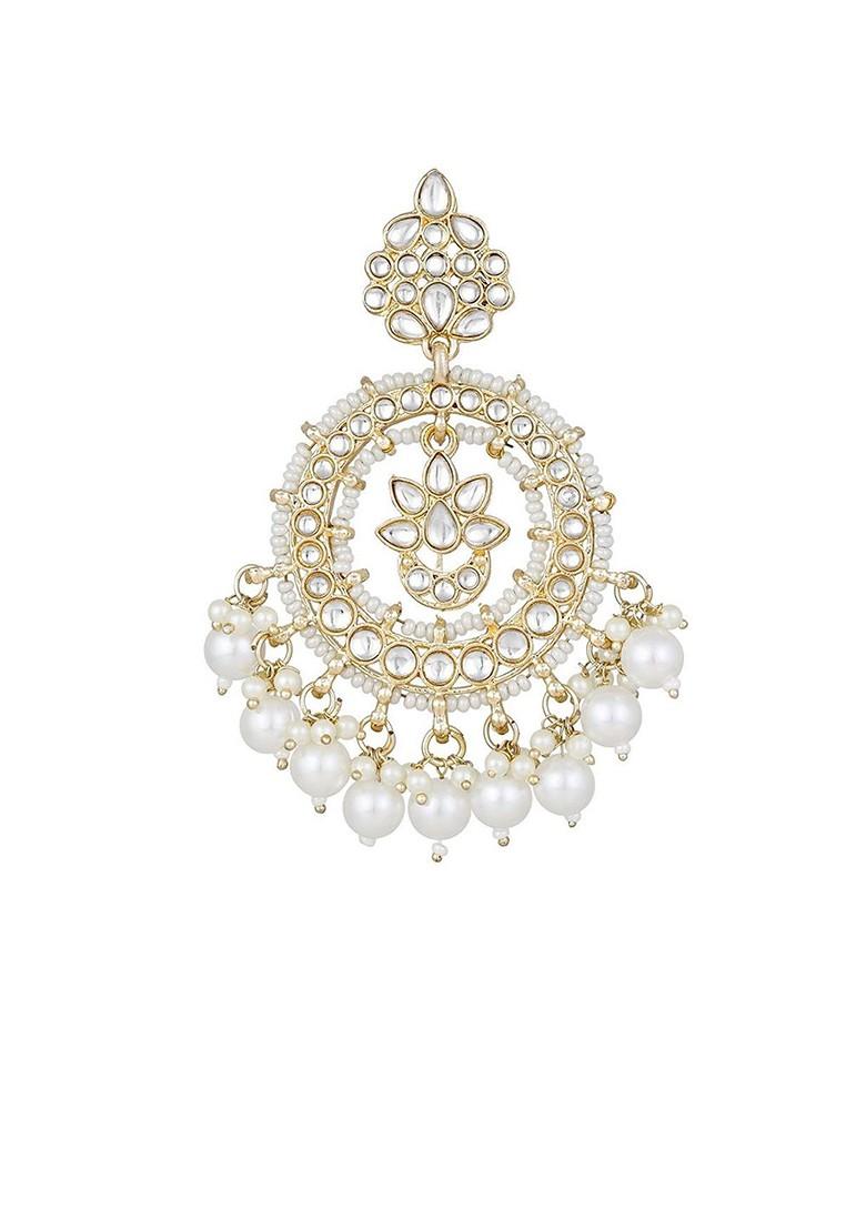 Gold Plated Kundan Studded And Beaded Contemporary Chandbalis
