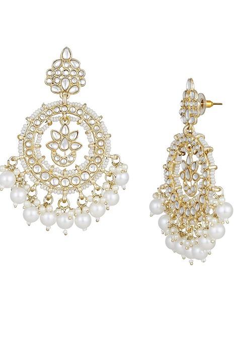 Gold Plated Kundan Studded And Beaded Contemporary Chandbalis