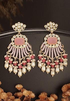 Gold Plated Artificial Stone Studded And Beaded Contemporary Drop Earrings