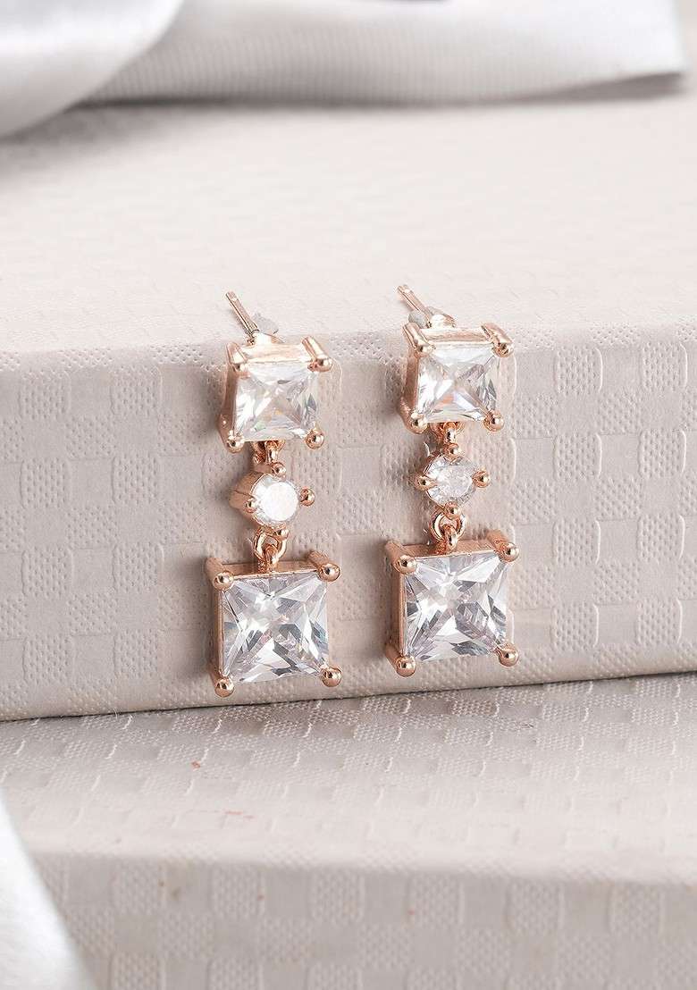 Rose Gold Plated Crystals Studded Geometric Drop Earrings - Indya