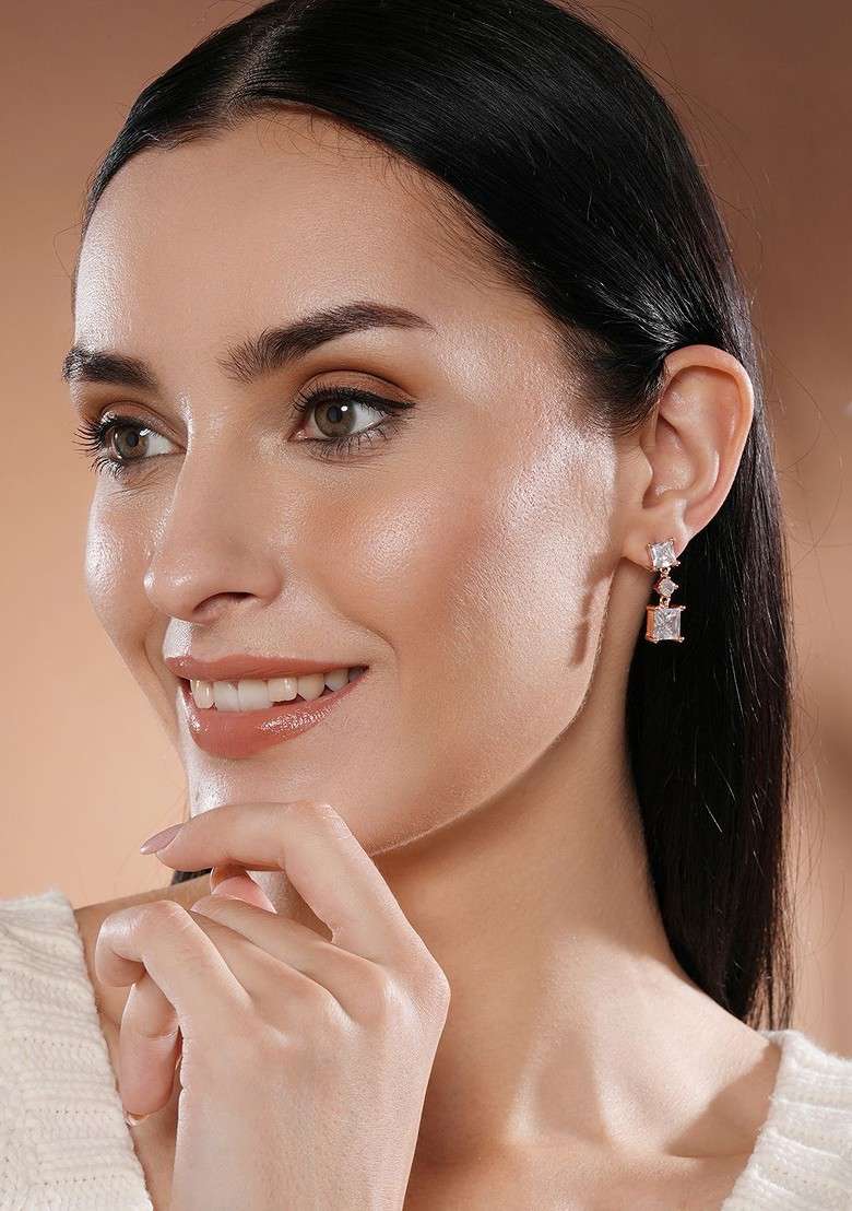 Rose Gold Plated Crystals Studded Geometric Drop Earrings - Indya