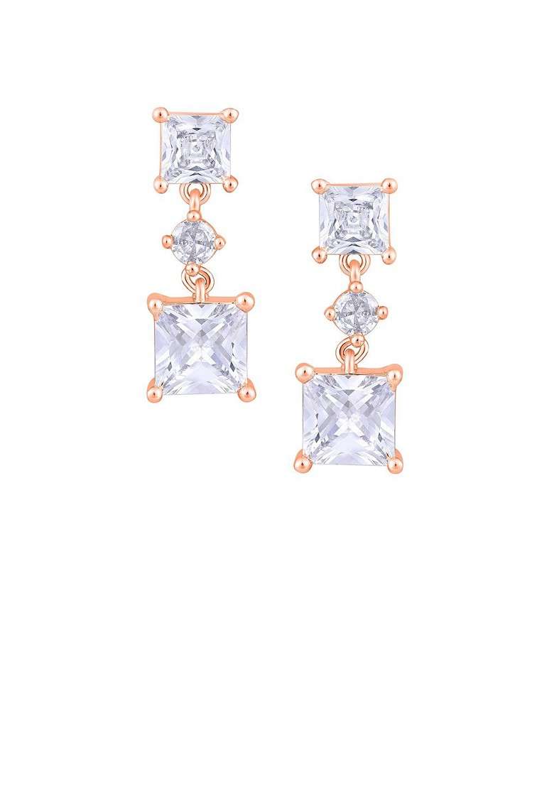 Rose Gold Plated Crystals Studded Geometric Drop Earrings - Indya