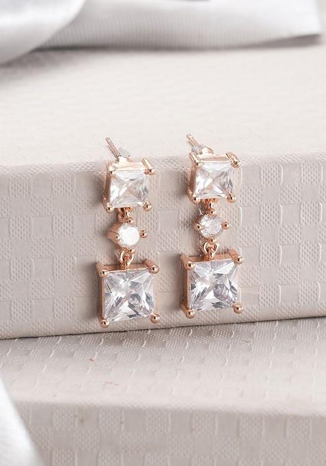 Rose Gold Plated Crystals Studded Geometric Drop Earrings