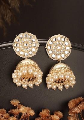 Gold Plated Artificial Stone Studded And Beaded Dome Shaped Jhumkas
