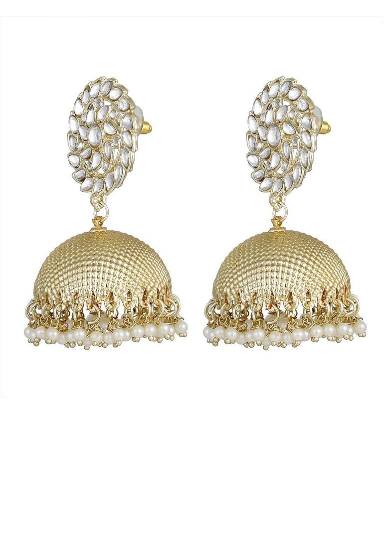Gold Plated Artificial Stone Studded And Beaded Dome Shaped Jhumkas