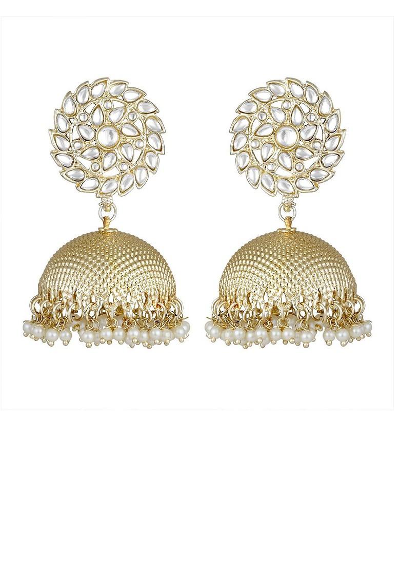 Gold Plated Artificial Stone Studded And Beaded Dome Shaped Jhumkas