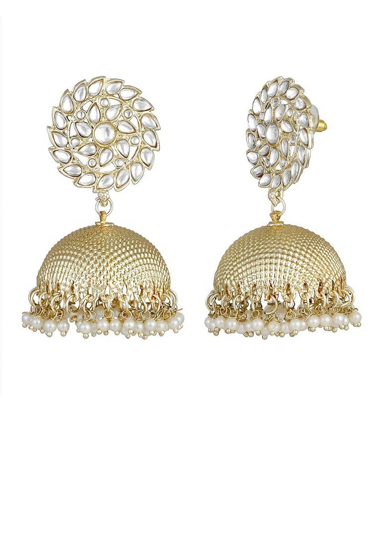 Gold Plated Artificial Stone Studded And Beaded Dome Shaped Jhumkas