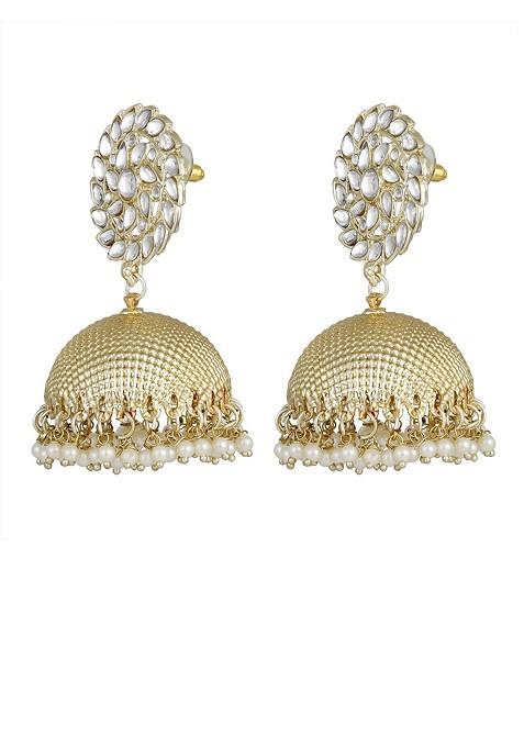 Gold Plated Artificial Stone Studded And Beaded Dome Shaped Jhumkas