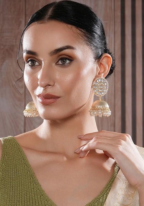 Gold Plated Artificial Stone Studded And Beaded Dome Shaped Jhumkas