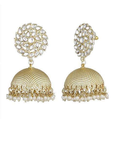 Gold Plated Artificial Stone Studded And Beaded Dome Shaped Jhumkas