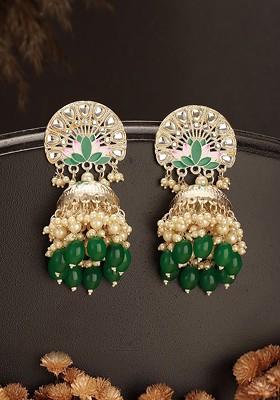 Gold Plated Artificial Studded And Beaded Meenakari Dome Shaped Jhumkas