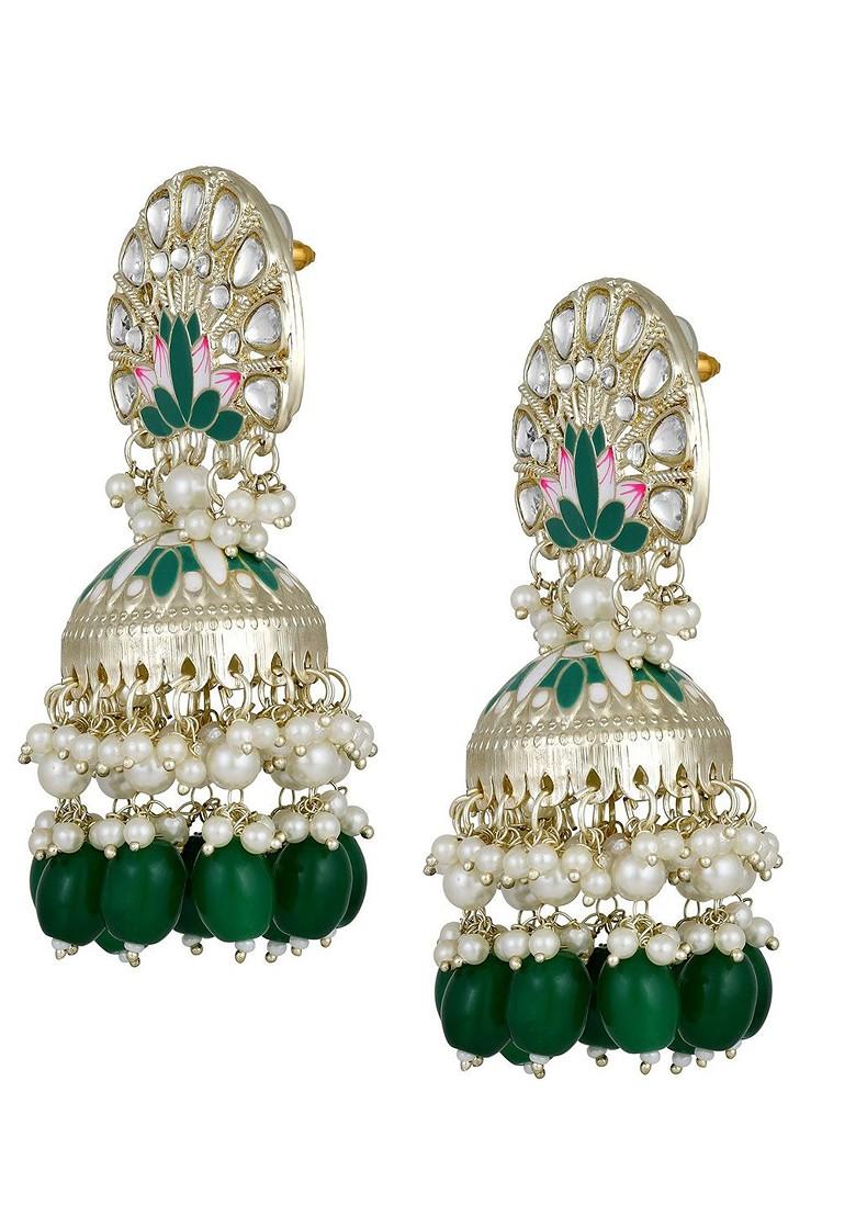 Gold Plated Artificial Studded And Beaded Meenakari Dome Shaped Jhumkas