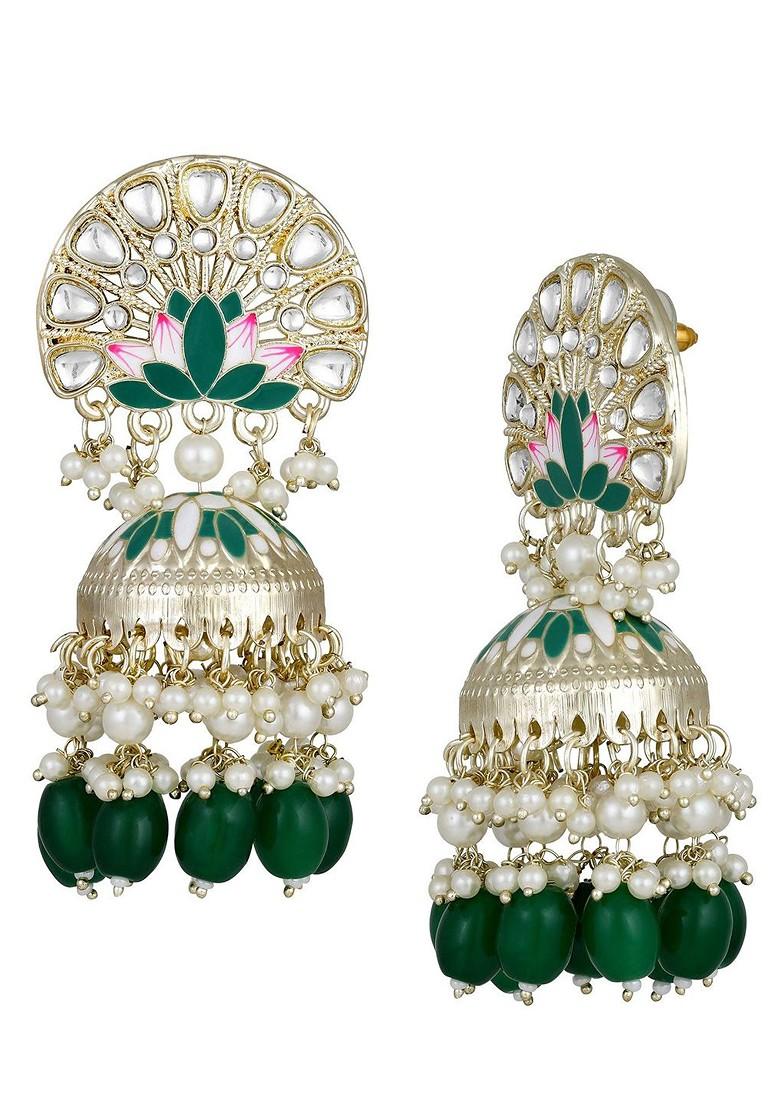 Gold Plated Artificial Studded And Beaded Meenakari Dome Shaped Jhumkas