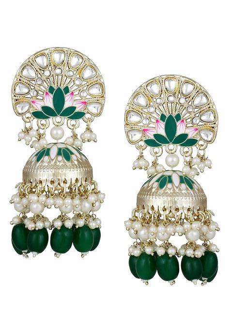 Gold Plated Artificial Studded And Beaded Meenakari Dome Shaped Jhumkas