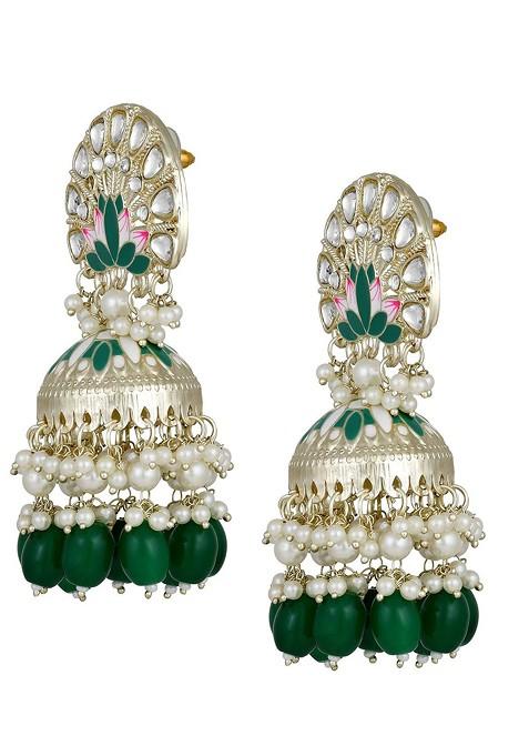Gold Plated Artificial Studded And Beaded Meenakari Dome Shaped Jhumkas