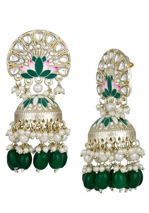 Gold Plated Artificial Studded And Beaded Meenakari Dome Shaped Jhumkas
