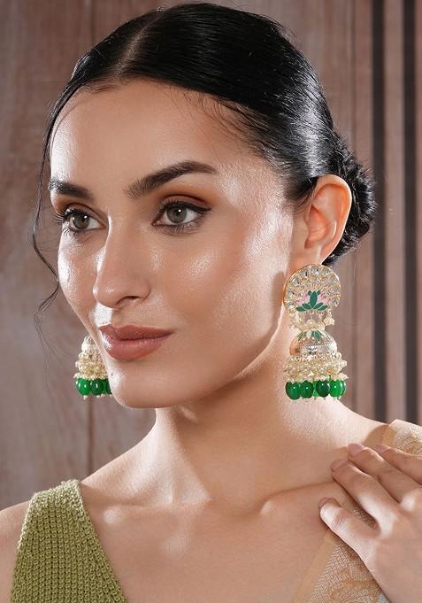 Gold Plated Artificial Studded And Beaded Meenakari Dome Shaped Jhumkas
