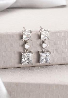 Silver Plated Crystals Studded Square Shaped Drop Earrings
