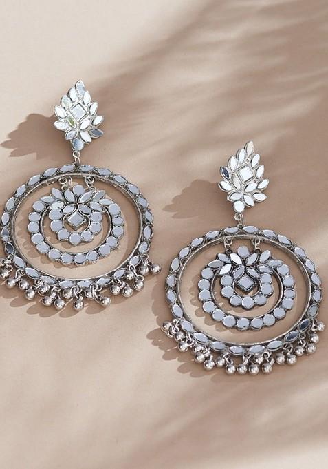 Silver Alloy Silver Plated Contemporary Huge Mirror Chandbalis Earrings