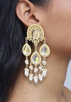 White Gold Plated Kundan Stone Studded And Pearls Beaded Teardrop Shaped Chandbalis
