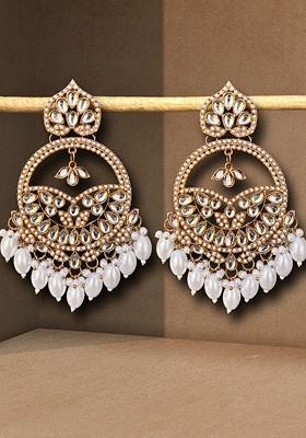 Gold Gold Plated Kundan Stone Studded And Pearls Beaded Chandbalis