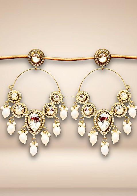Gold Gold Plated Kundan Studded And Pearls Beaded Teardrop Shaped Chandbalis