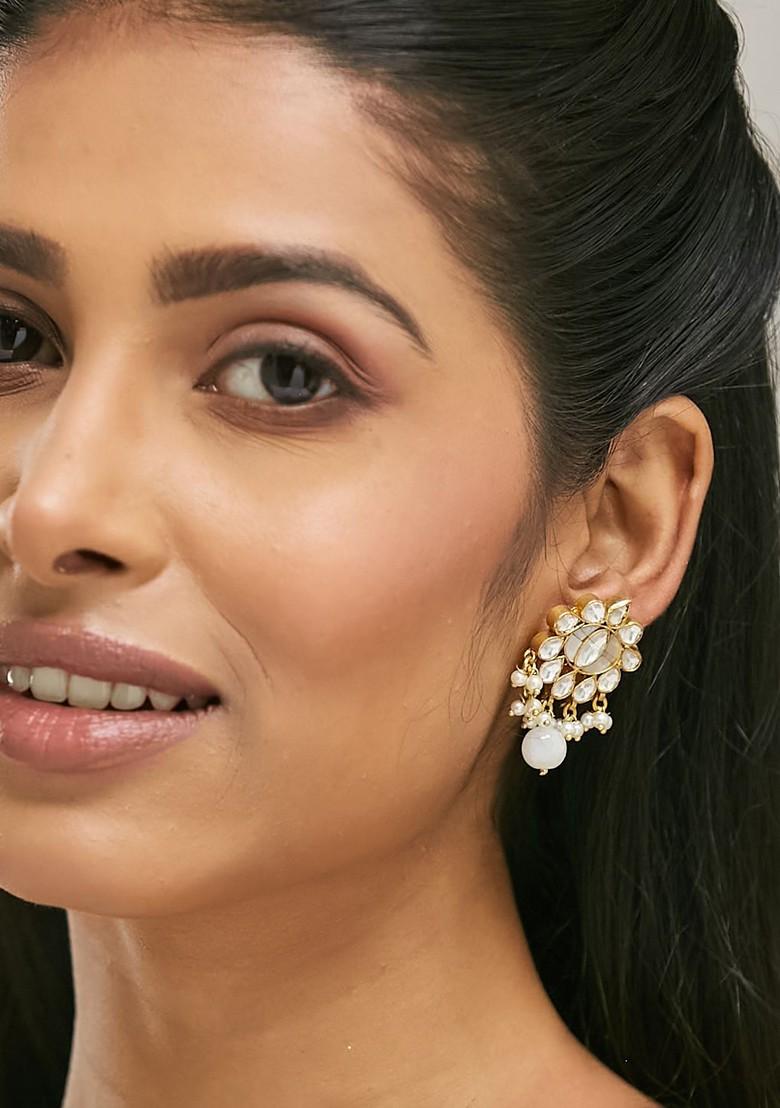 22K Gold Plated Elegant Mother Of Pearl Studded Ethnic Pearl Drop Stud Earrings - Indya