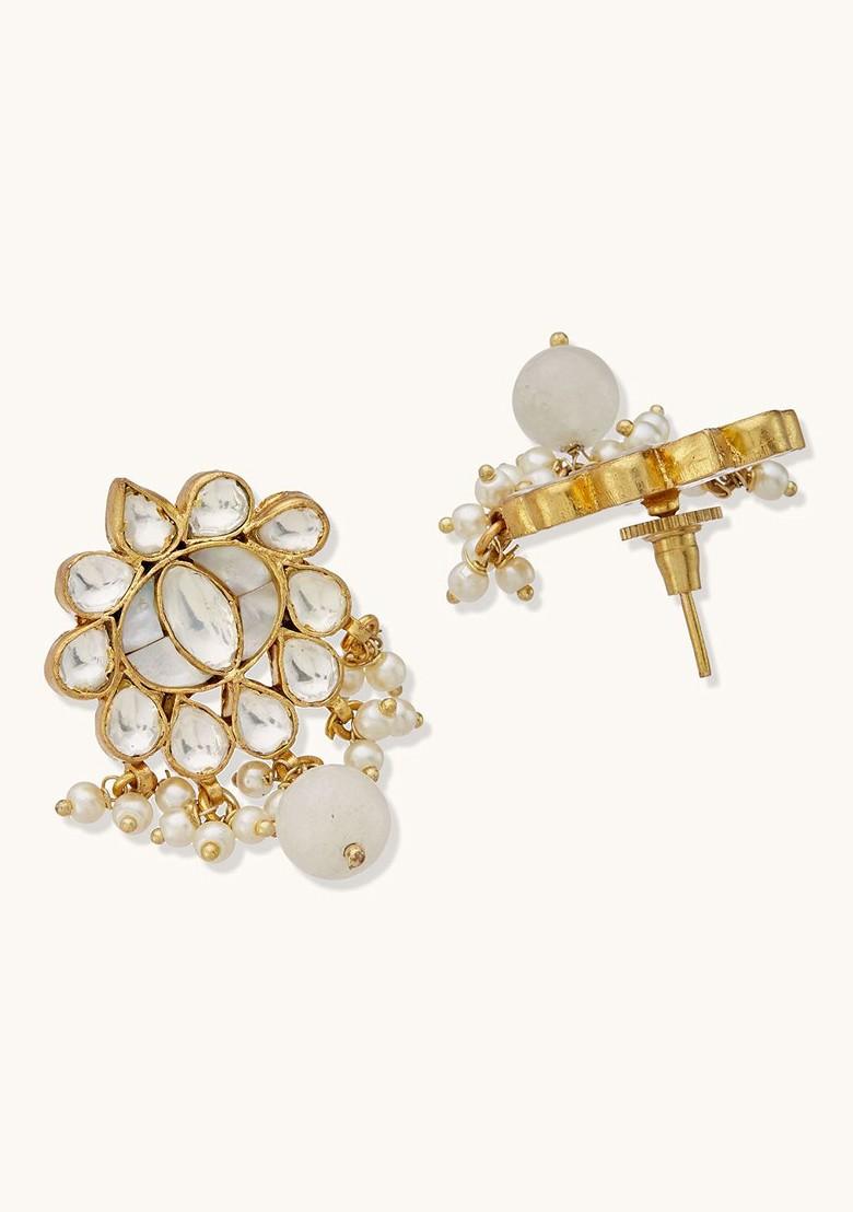 22K Gold Plated Elegant Mother Of Pearl Studded Ethnic Pearl Drop Stud Earrings - Indya
