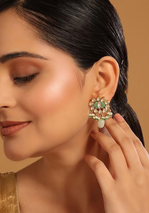 22K Gold Plated Semi Precious Green Stone Studded Ethnic Pearl Drop Stud Earrings