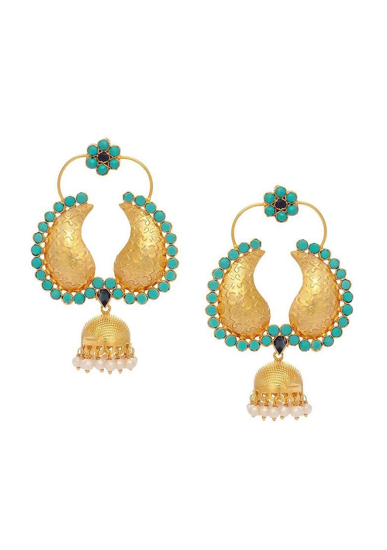 22K Gold Plated Turquoise Stone Studded Contemporary Mini Jhumki Dangler Earrings - Indya