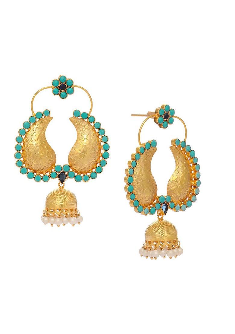 22K Gold Plated Turquoise Stone Studded Contemporary Mini Jhumki Dangler Earrings - Indya