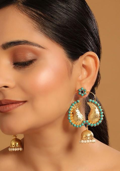22K Gold Plated Turquoise Stone Studded Contemporary Mini Jhumki Dangler Earrings