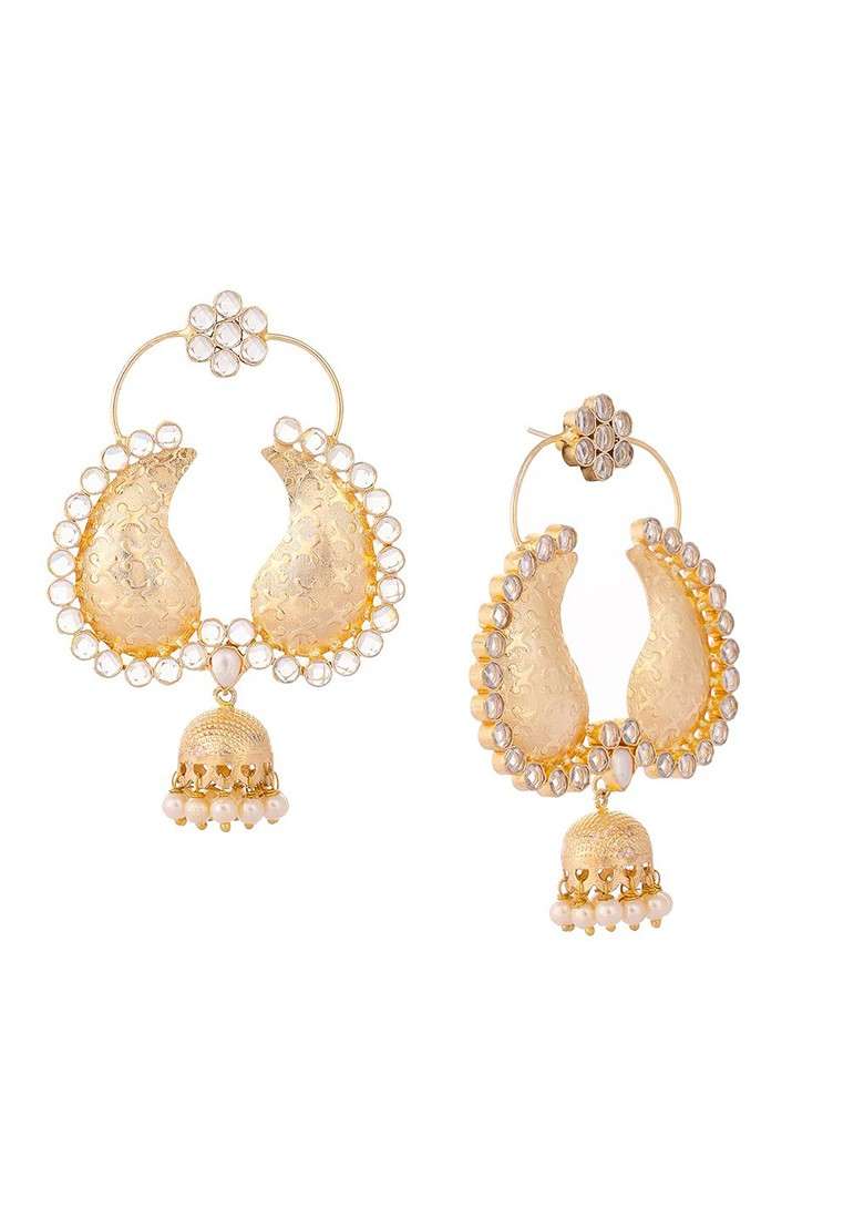 22K Gold Plated White Stone Studded Contemporary Mini Jhumki Dangler Earrings - Indya