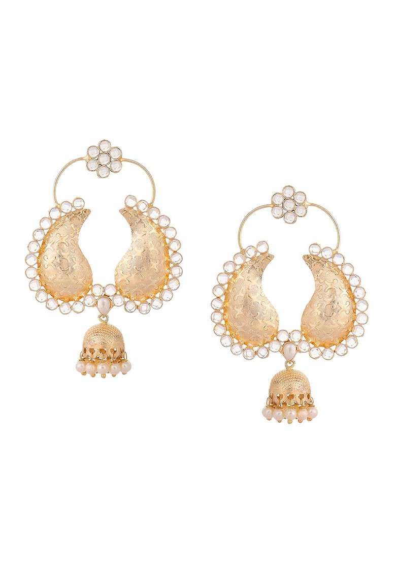 22K Gold Plated White Stone Studded Contemporary Mini Jhumki Dangler Earrings - Indya