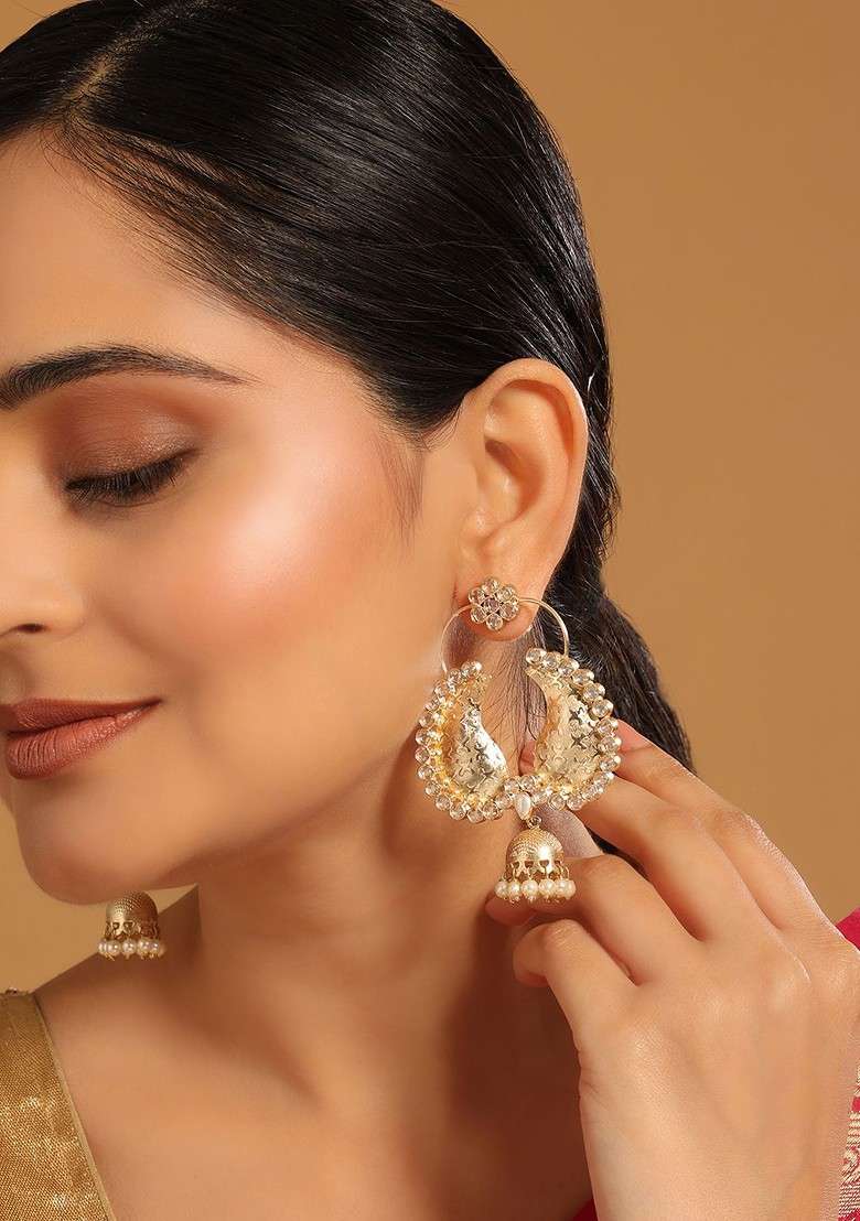22K Gold Plated White Stone Studded Contemporary Mini Jhumki Dangler Earrings - Indya