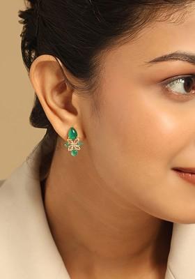 18K Gold Plated Zircon And Semi Precious Green Onyx Studded Floral Shaped Mini Studs