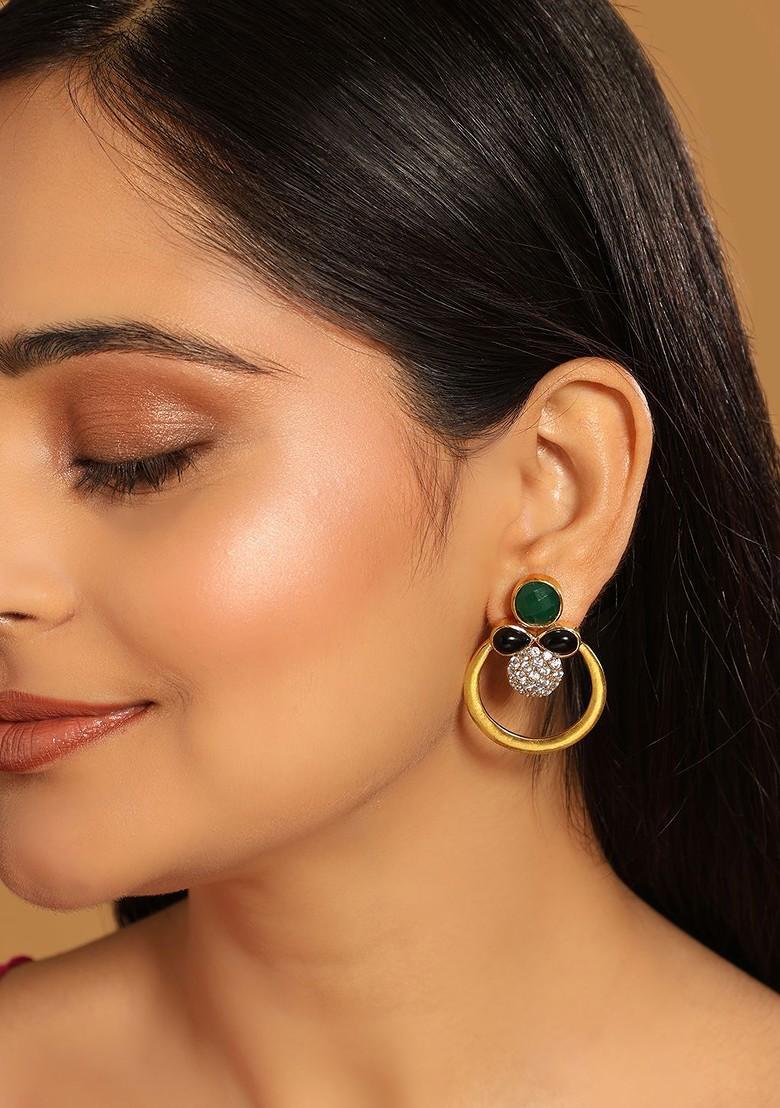 22K Gold Plated Cubic Zirconia Studded Contemporary Stone Earrings - Indya