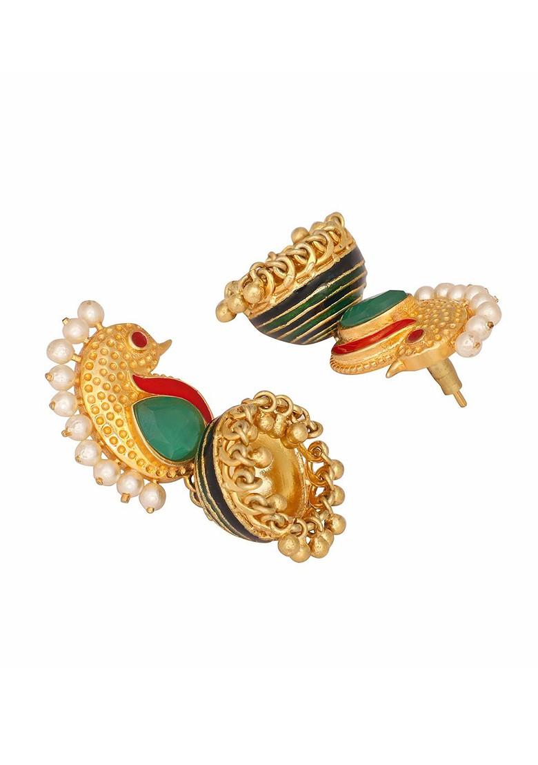 22K Gold Plated Pearls Studded Contemporary Shaped Enamel Jhumkas - Indya