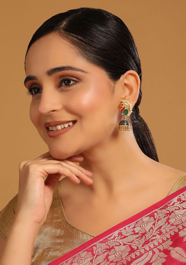 22K Gold Plated Pearls Studded Contemporary Shaped Enamel Jhumkas - Indya