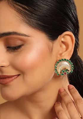 22K Gold Plated Faux Emerald Stone Studded Contemporary Shaped Studs