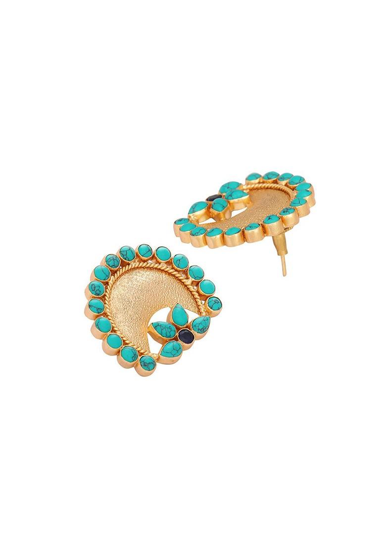 22K Gold Plated Turquoise Studded Contemporary Shaped Studs - Indya