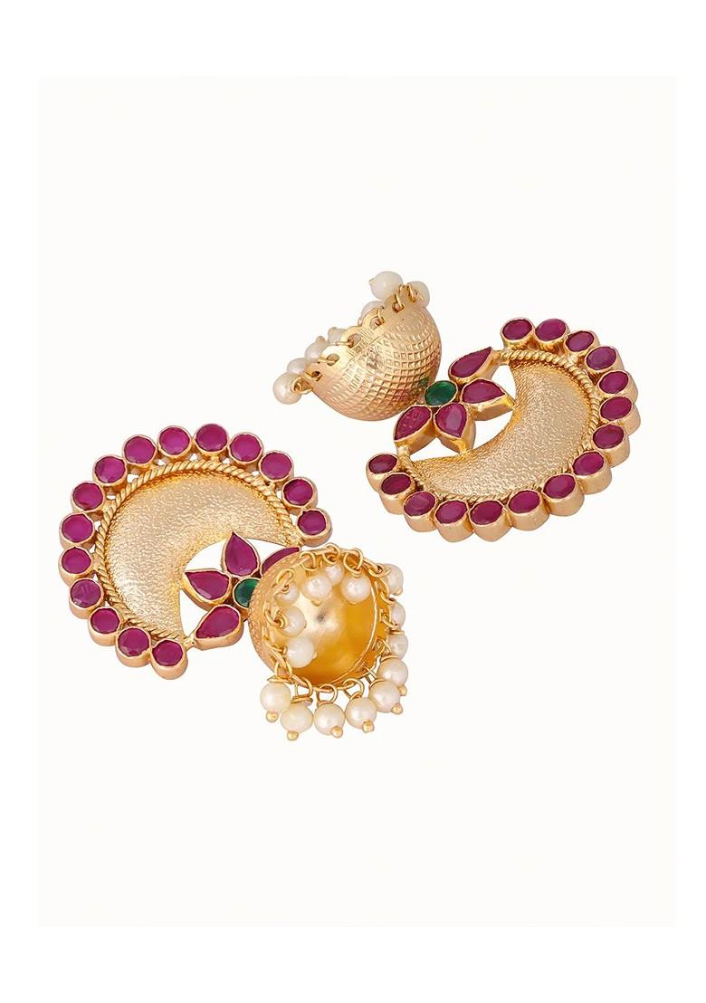 22K Gold Plated Ruby And Pearl Studded Dome Shaped Jhumkas - Indya