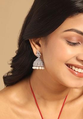 Rhodium Plated Cubic Zirconia Studded Anti Tarnish Dome Shaped Silver Jhumkas