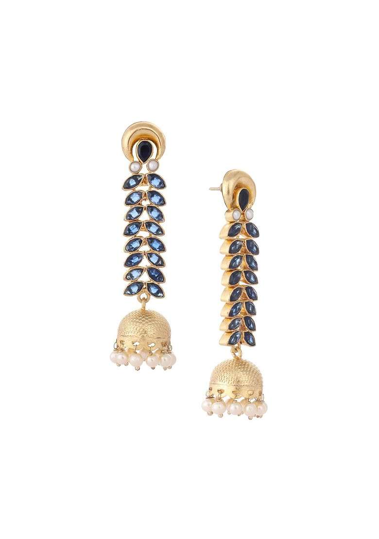 22K Gold Plated Blue Onyx And Pearl Studded Dome Shaped Jhumkas - Indya