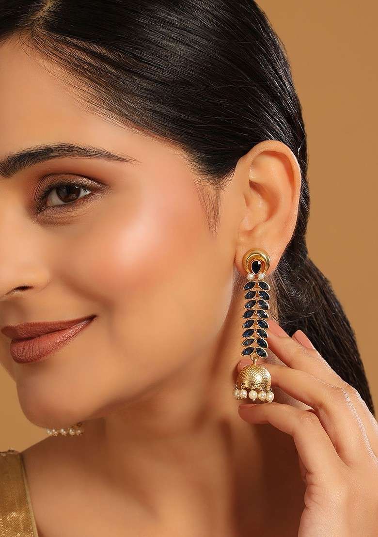 22K Gold Plated Blue Onyx And Pearl Studded Dome Shaped Jhumkas - Indya